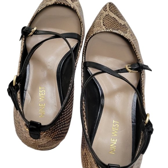 ❤️Host Pick❤️NINE WEST- Gold Reptile Cross Strap Pointy Toe Leather Flats SZ 5… - Picture 4 of 5